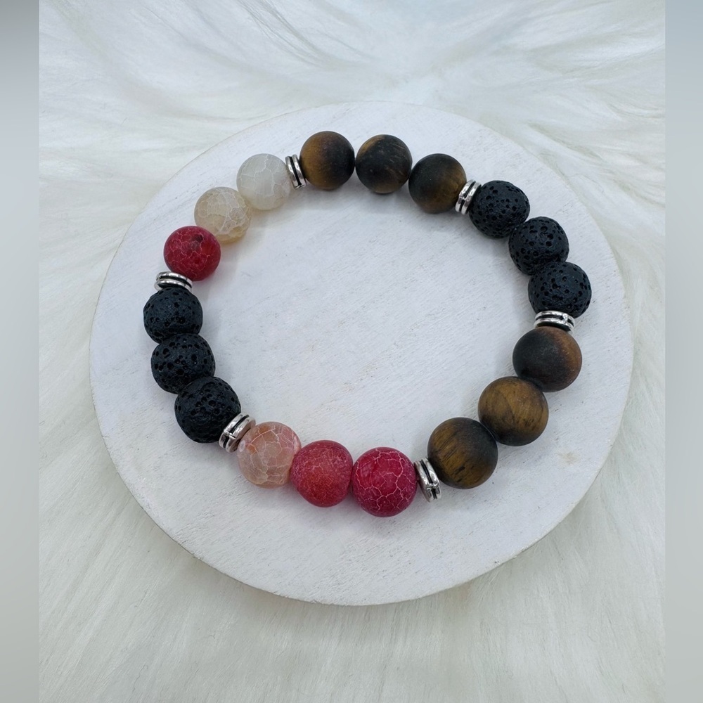 Natural Stone Beaded Bracelet – Lava Rock, Wooden & Pink Crackle Agate